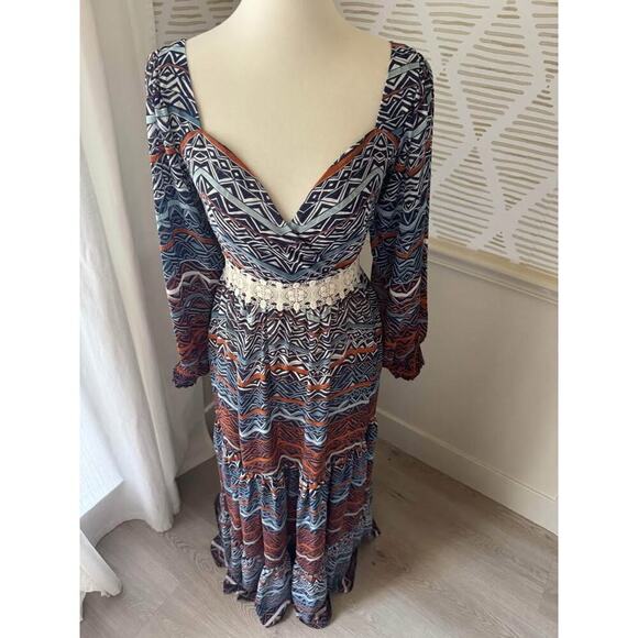 Venus Size 8 Medium Blue Rust Boho Balloon Sleeve Chiffon Tiered Maxi Dress - Picture 3 of 8